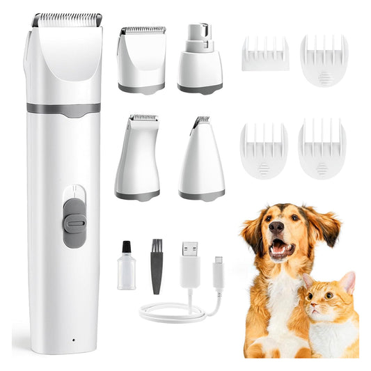 Dogs Hair Clippers Grooming Kit with Nail Grinder, 4 in 1 Cordless Electric Trimmer Low Noise USB Pet Clippers for Dogs Cat