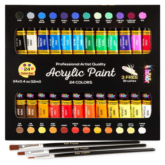 24-Color Acrylic Paint Set (12 ml) With 3 Brushes - For Canvas, Paper, Wood, Rock, Ceramic & Fabric