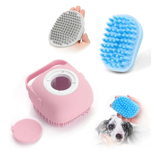 Pet Grooming Bath Massage Brush with Soap and Shampoo Dispenser Soft Silicone Bristle