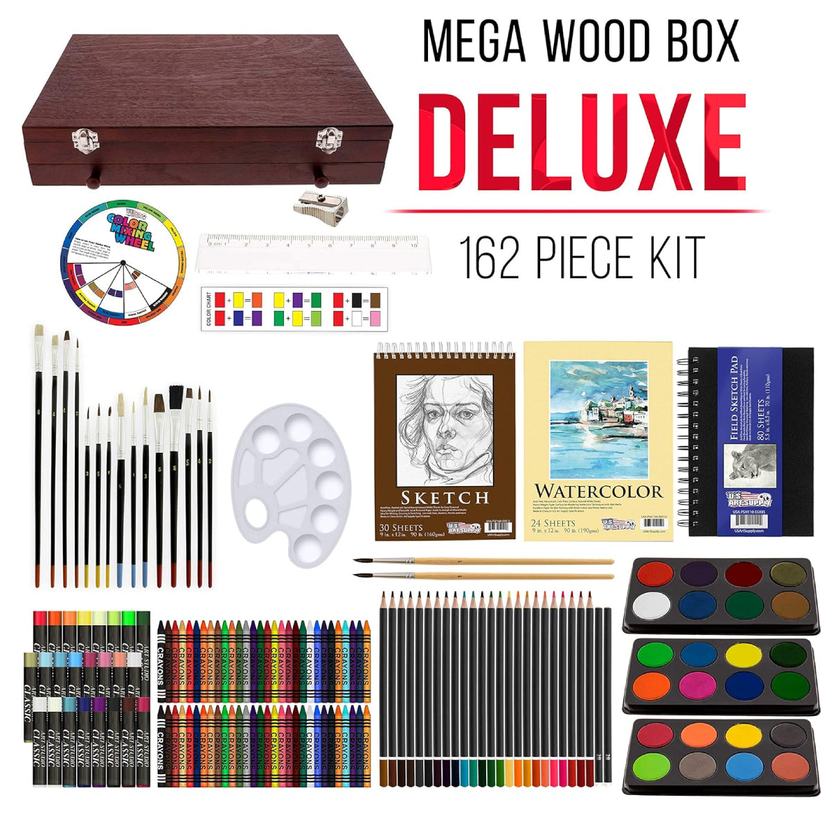 Deluxe 162-Piece Wood Box Art Set - Includes Painting and Drawing Supplies