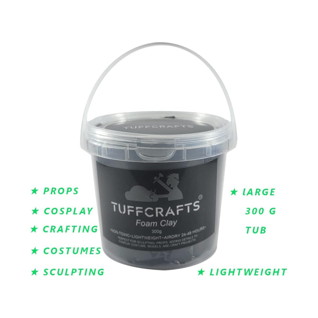 TUFFCRAFTS Premium Foam Clay (300g Black) -Premiun Quality, High Density, Lightweight -Air Dries within 24 to 48 Hours -Cut, Sand, Glue or Paint -Light Weight, Flexible and Non-Toxic. Moldable Cosplay