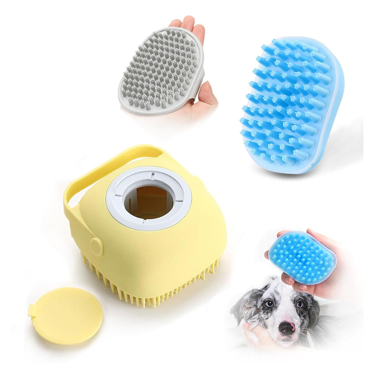 Pet Grooming Bath Massage Brush with Soap and Shampoo Dispenser Soft Silicone Bristle