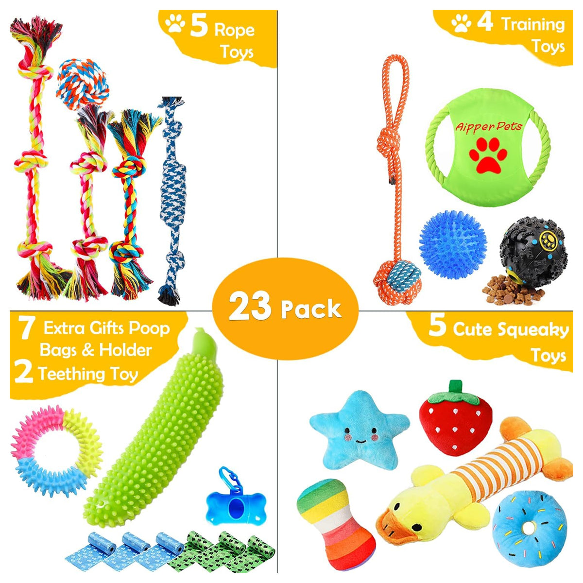 Dog Puppy Toys 23 Pack, Puppy Chew Toys for Fun and Teeth Cleaning, Dog Squeak Toys,Treat Dispenser Ball