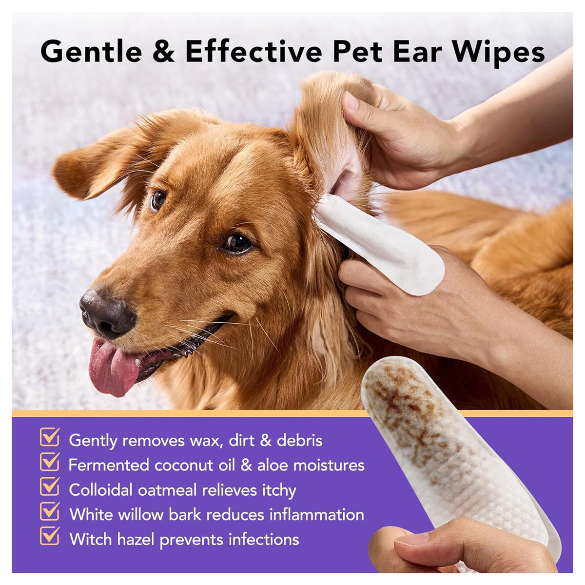 Ear Finger Wipes for Dogs & Cats - Gently Remove Ear Wax, Debris - Sooths & Deodorizes