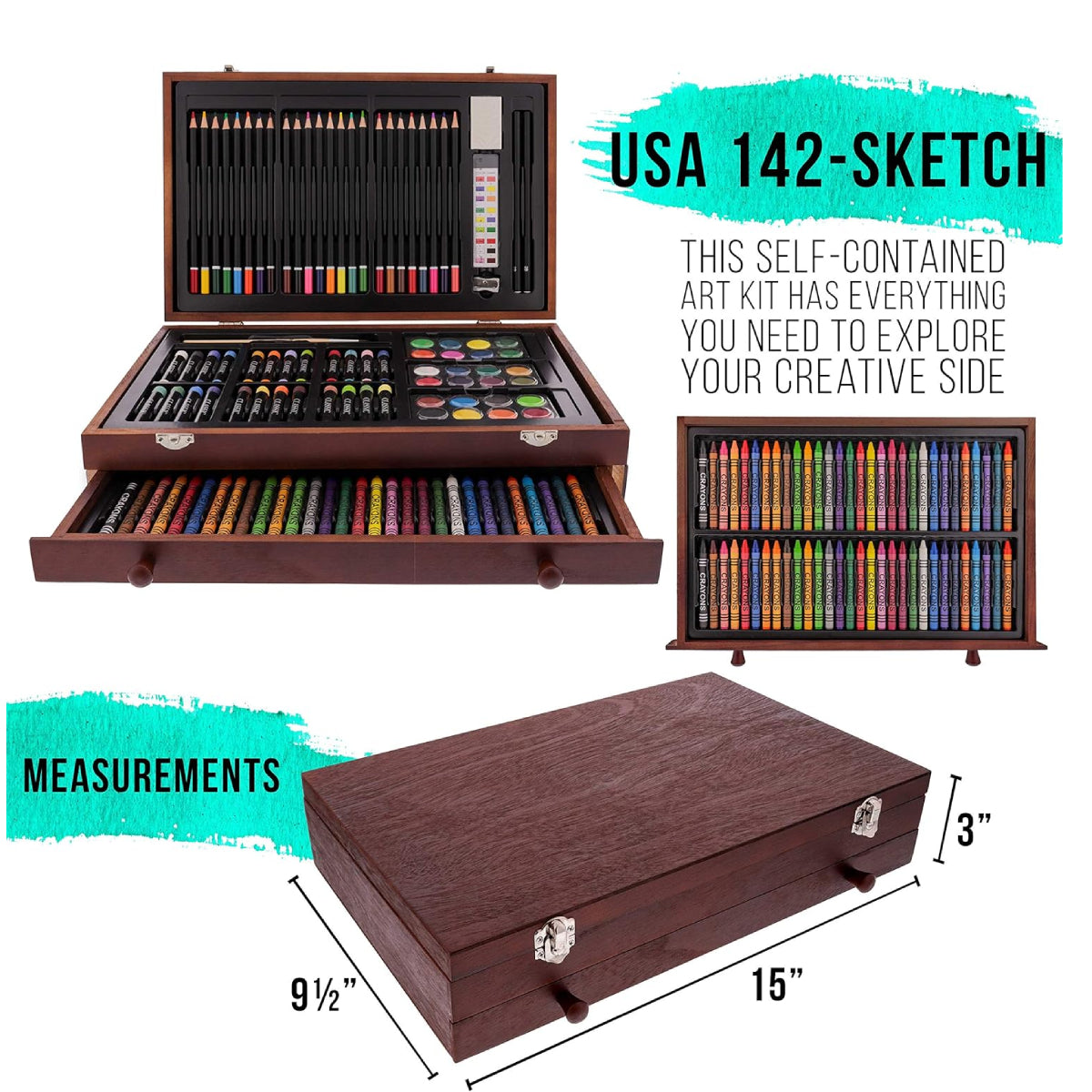 Deluxe 162-Piece Wood Box Art Set - Includes Painting and Drawing Supplies