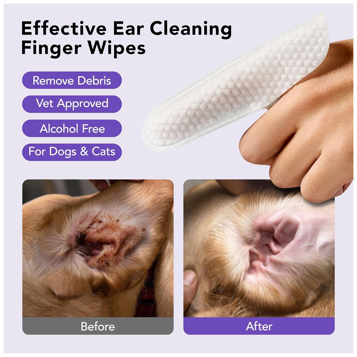 Ear Finger Wipes for Dogs & Cats - Gently Remove Ear Wax, Debris - Sooths & Deodorizes