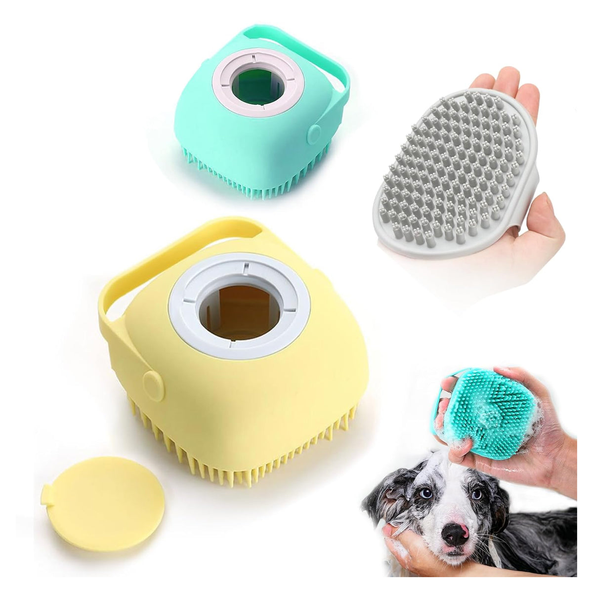 Pet Grooming Bath Massage Brush with Soap and Shampoo Dispenser Soft Silicone Bristle