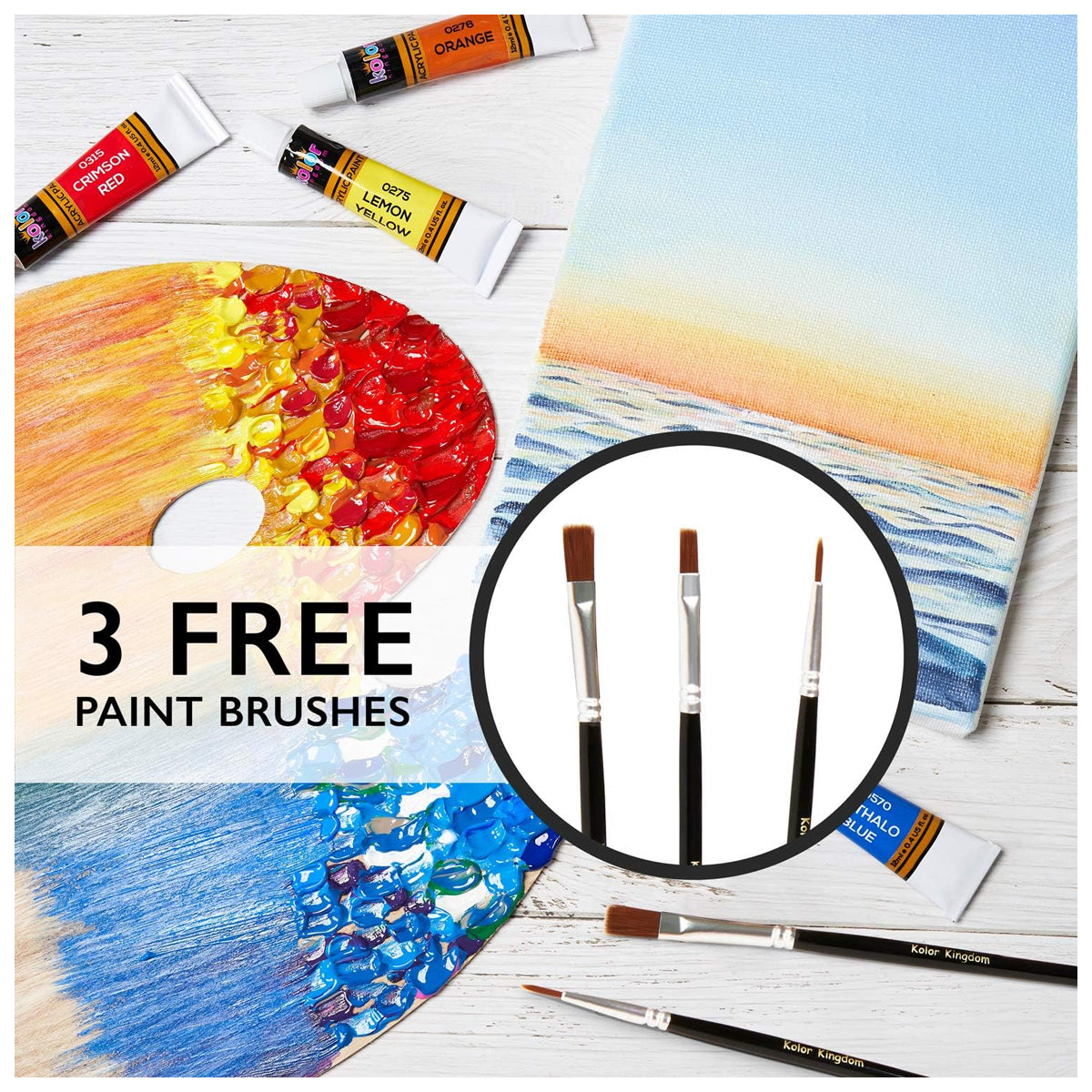 24-Color Acrylic Paint Set (12 ml) With 3 Brushes - For Canvas, Paper, Wood, Rock, Ceramic & Fabric