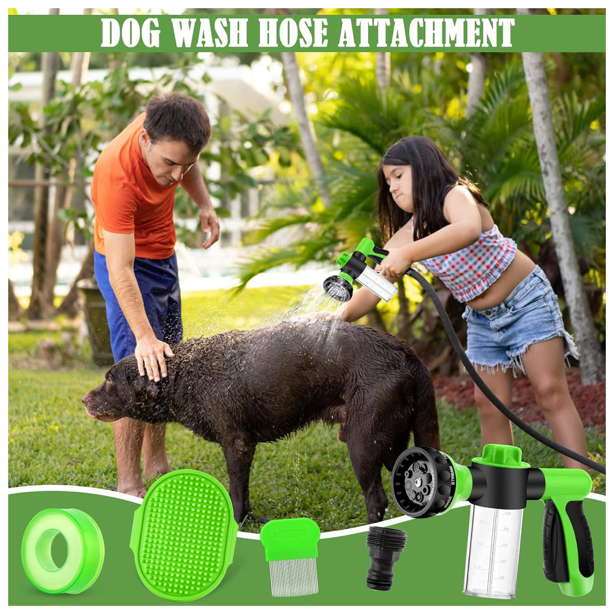 Pup Jet Dog Wash Outdoor, 8-in-1 Dog Sprayer Hose Attachment with Dog Shower Brush