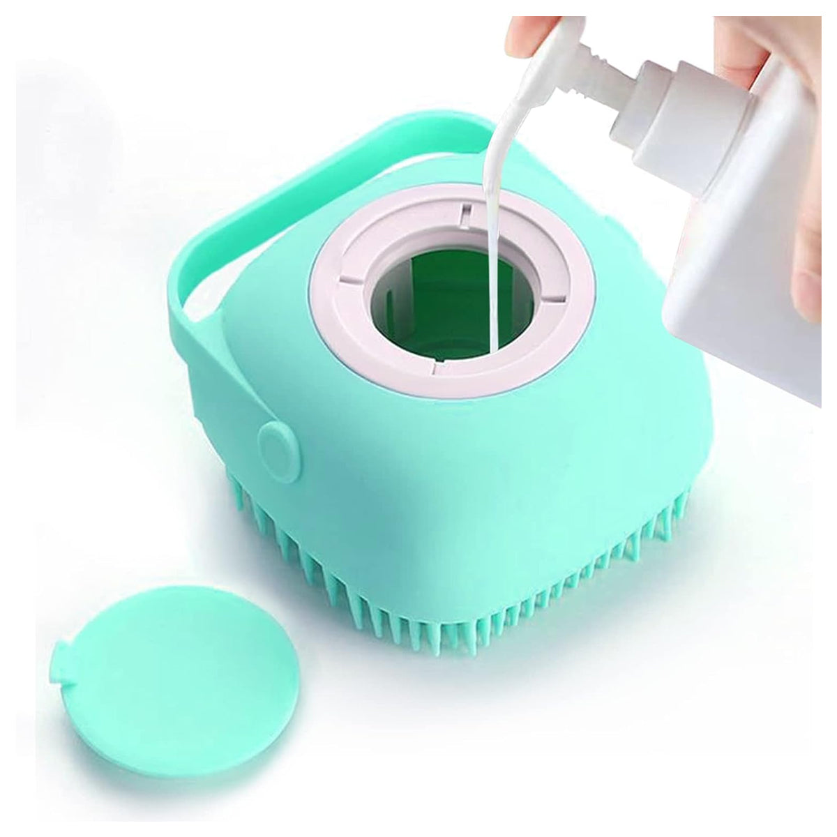 Pet Grooming Bath Massage Brush with Soap and Shampoo Dispenser Soft Silicone Bristle