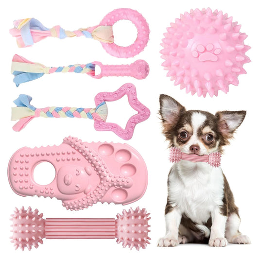 6 Pack Dog Chew Toys for Teething Pink Puppies Soft Rubber Toys Funny Slippers Ball Donut Interactive Set for Small