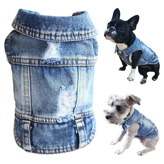 Dog Jean Jacket, Puppy Blue Denim Lapel Vest Coat Costume, Girl Boy Dog T-Shirt Clothes