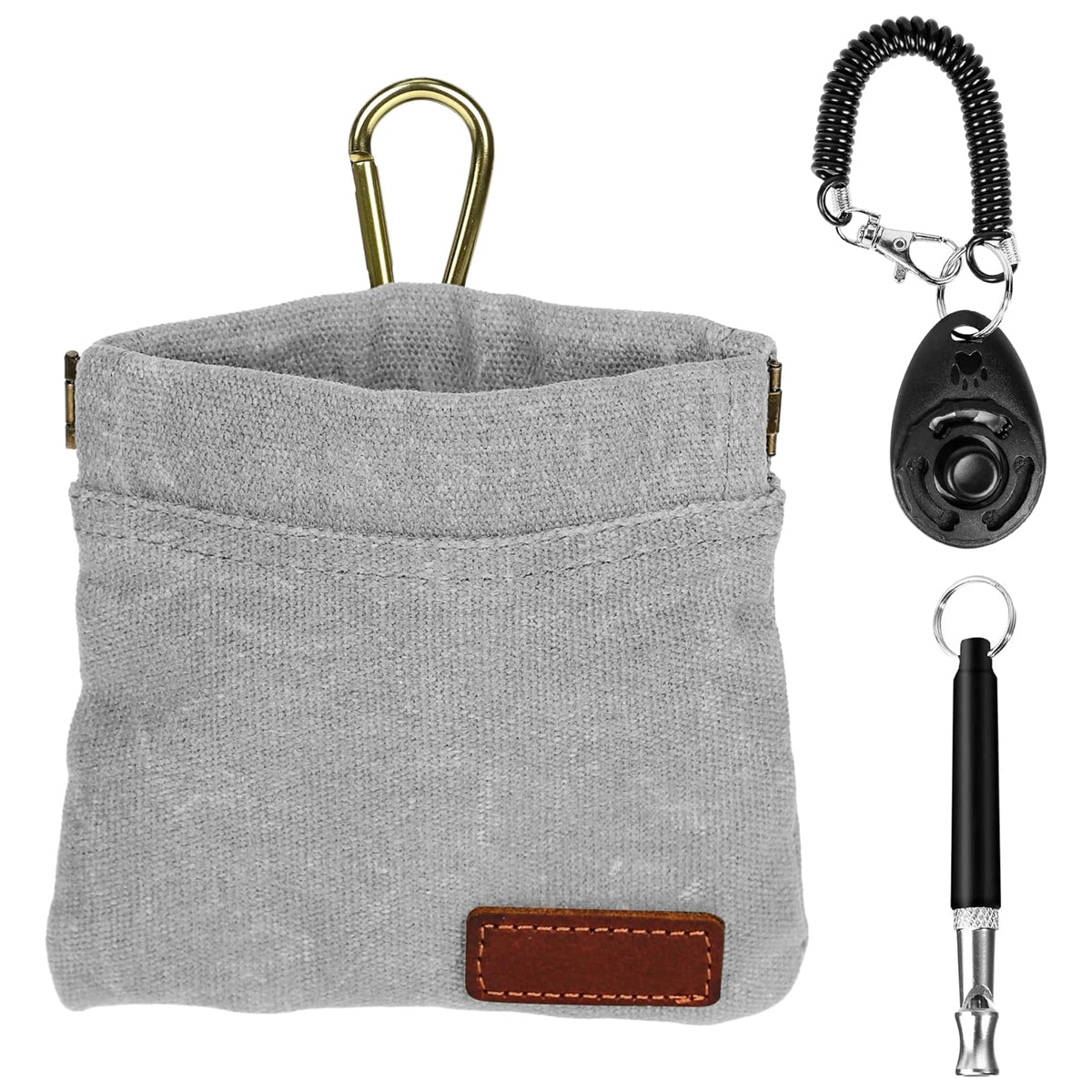 Dog Treat Pouch Training Kit with Clicker, Small Puppy Treat Bag with Clip, Hands Free Auto Closure Pouches with Dog Clicker and Silent Whistle for Pet Training