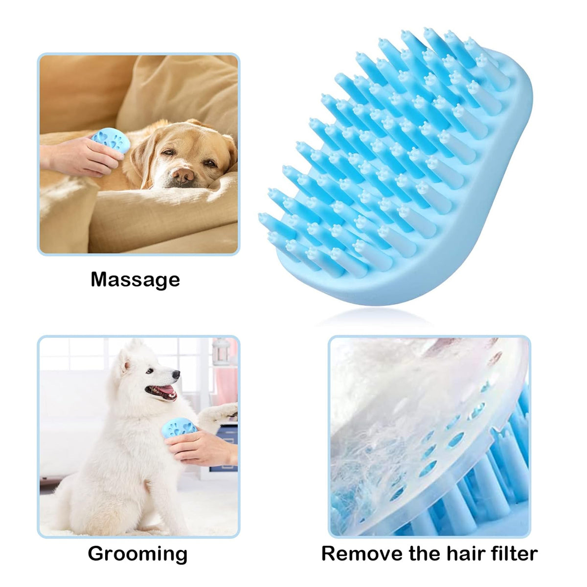 Pet Grooming Bath Massage Brush with Soap and Shampoo Dispenser Soft Silicone Bristle