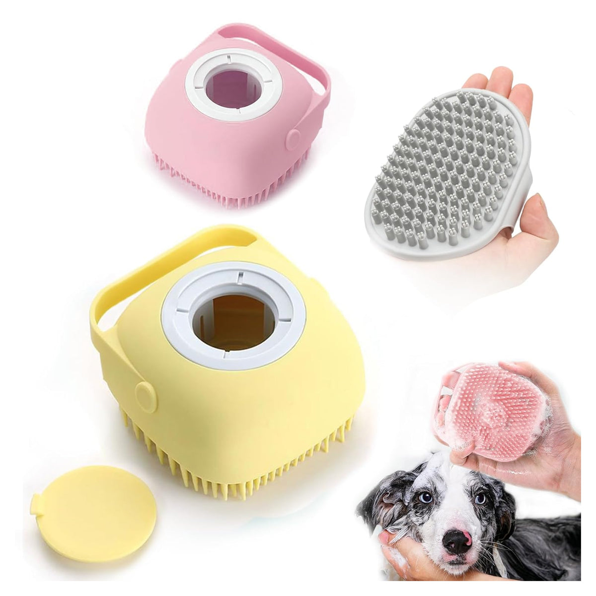 Pet Grooming Bath Massage Brush with Soap and Shampoo Dispenser Soft Silicone Bristle