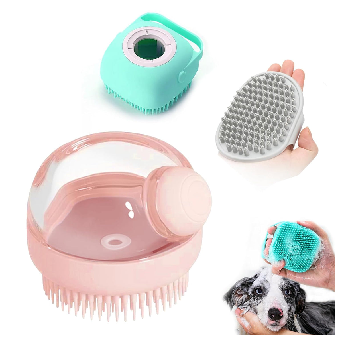 Pet Grooming Bath Massage Brush with Soap and Shampoo Dispenser Soft Silicone Bristle